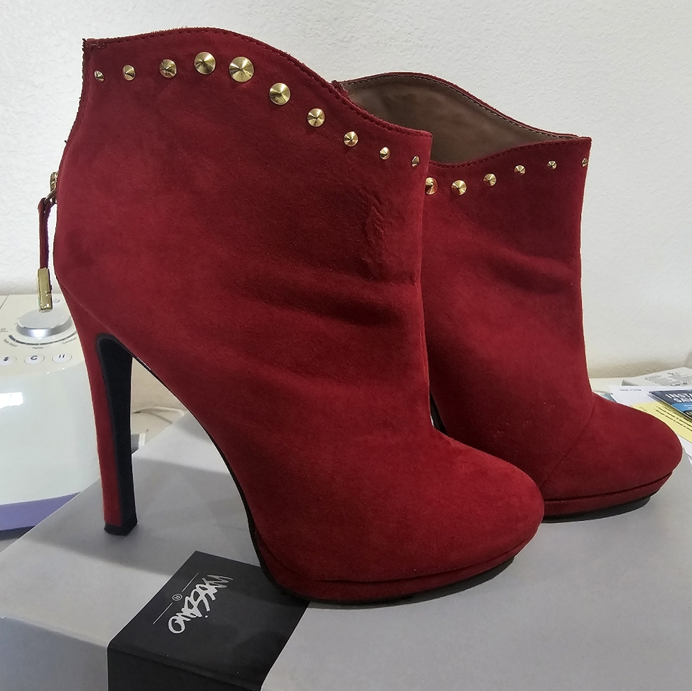 Moschino Red Suede Studded Ankle Boots